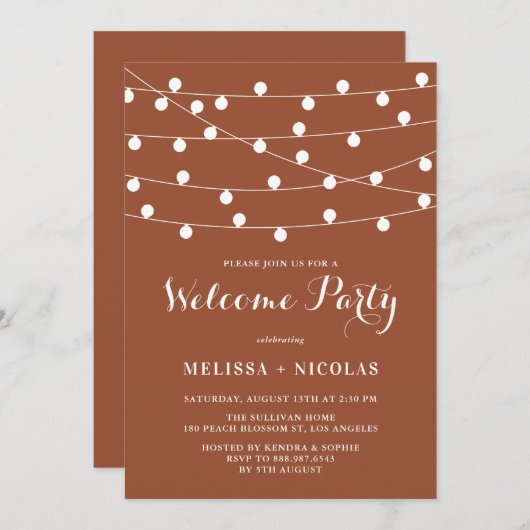 Whimsical String Lights Terracotta Welkomstfeest Kaart (Voorkant / Achterkant)