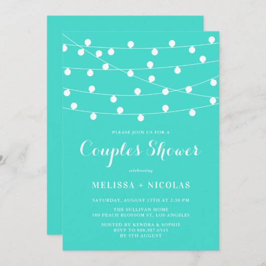 Whimsical String Lights Turquoise Couples Douche Kaart (Voorkant / Achterkant)