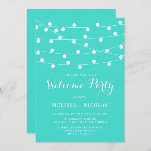 Whimsical String Lights Turquoise welkomstfeest Kaart (Voorkant / Achterkant)