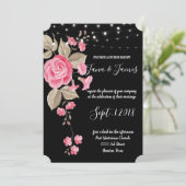 Whimsical String Lights Zwart bruiloft Kaart (Staand voorkant)