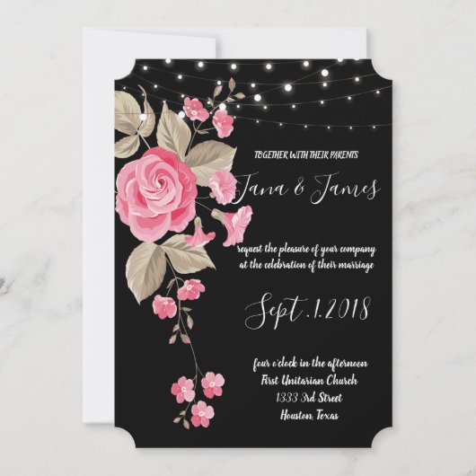 Whimsical String Lights Zwart bruiloft Kaart (Voorkant)