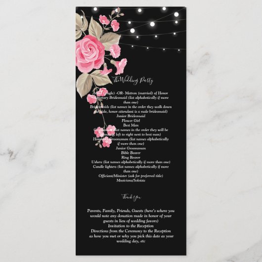 Whimsical String Lights Zwart ceremonie Programma' Programmakaart (Achterkant)