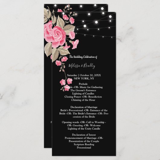 Whimsical String Lights Zwart ceremonie Programma' Programmakaart (Voorkant / Achterkant)