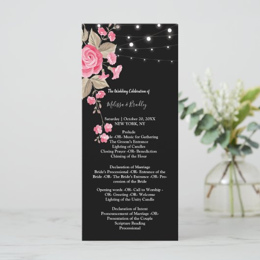 Whimsical String Lights Zwart ceremonie Programma' Programmakaart (Staand voorkant)