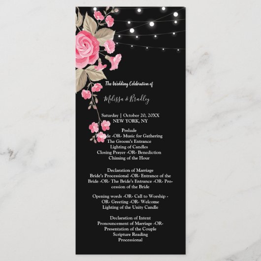 Whimsical String Lights Zwart ceremonie Programma' Programmakaart (Voorkant)