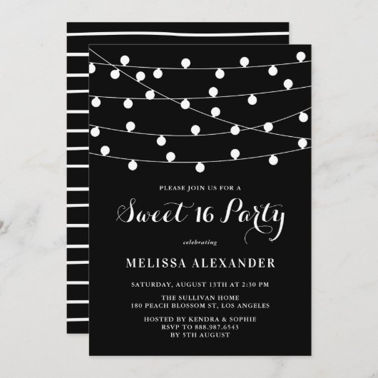 Whimsical String Lights Zwart Sweet 16 Party Kaart (Voorkant / Achterkant)