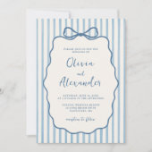 Whimsical Stripe Bow Dusty Blue Ivory Wedding Kaart (Voorkant)
