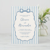 Whimsical Stripe Bow Dusty Blue Ivory Wedding Kaart (Staand voorkant)