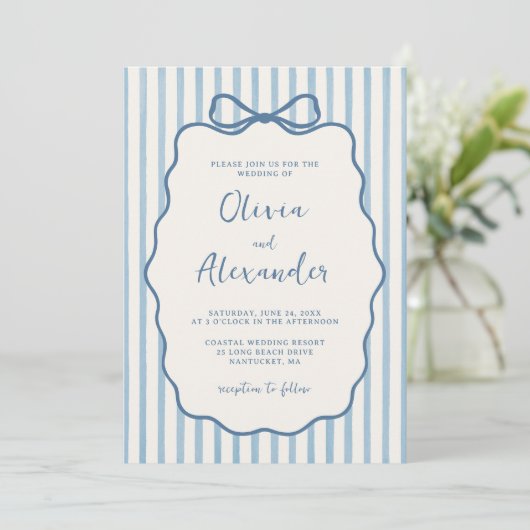 Whimsical Stripe Bow Dusty Blue Ivory Wedding Kaart (Staand voorkant)