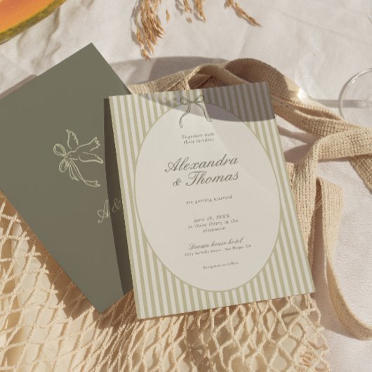 Whimsical Stripe Green Wedding Invitation Kaart