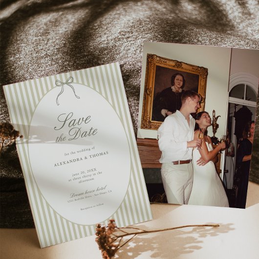 Whimsical Stripe Green Wedding Save the Date Kaart