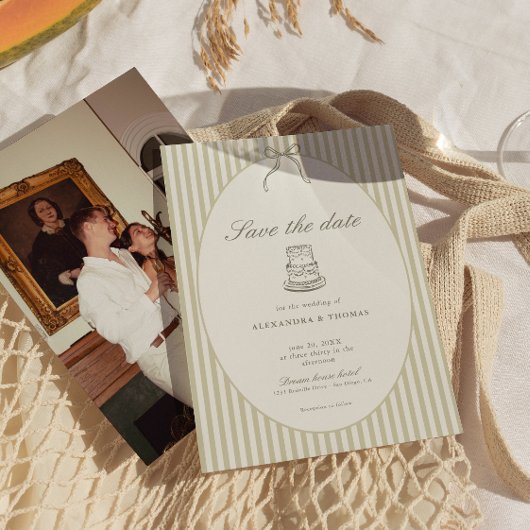 Whimsical Stripe Green Wedding Save the Date Kaart
