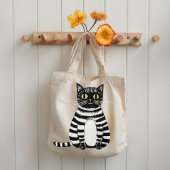 Whimsical Striped Cat Art Tote Bag Cute Folk Illus