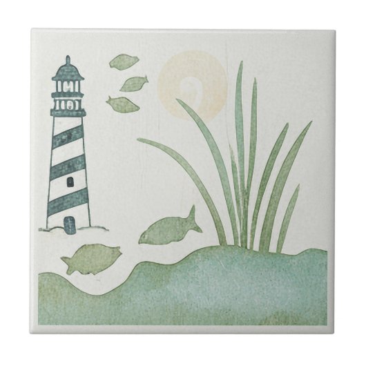 Whimsical Striped Lighthouse and Fish ID1206 Tegeltje (Voorkant)