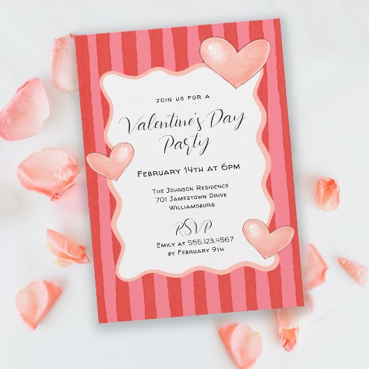 Whimsical Stripes and Hearts Valentines Day Party Kaart
