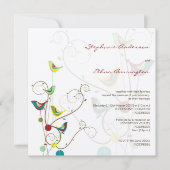 Whimsical Summer Birds and Swirls Wedding Invite Kaart (Voorkant)