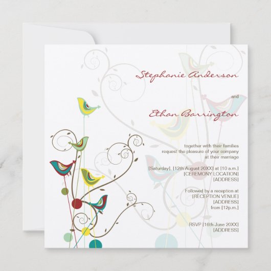 Whimsical Summer Birds and Swirls Wedding Invite Kaart (Voorkant)