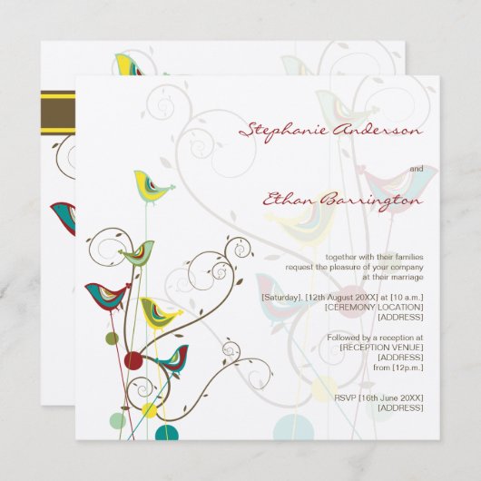 Whimsical Summer Birds and Swirls Wedding Invite Kaart (Voorkant / Achterkant)