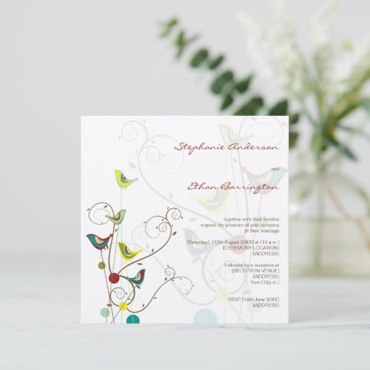 Whimsical Summer Birds and Swirls Wedding Invite Kaart (Staand voorkant)