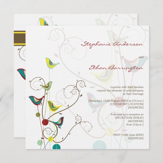 Whimsical Summer Birds and Swirls Wedding Invite Kaart (Voorkant / Achterkant)