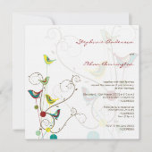 Whimsical Summer Birds and Swirls Wedding Invite Kaart (Voorkant)