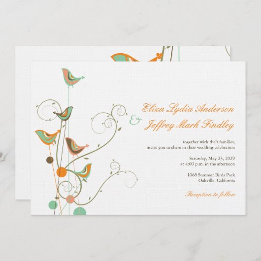 Whimsical Summer Birds and Swirls Wedding Invite Kaart (Voorkant / Achterkant)