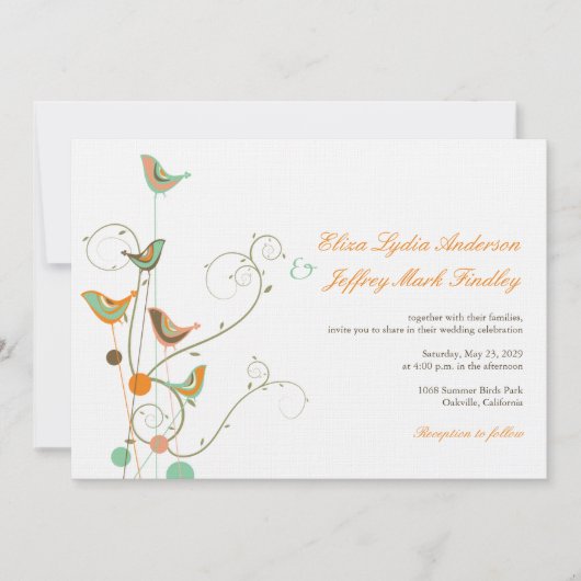 Whimsical Summer Birds and Swirls Wedding Invite Kaart (Voorkant)