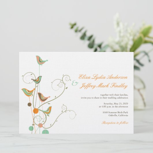 Whimsical Summer Birds and Swirls Wedding Invite Kaart (Staand voorkant)