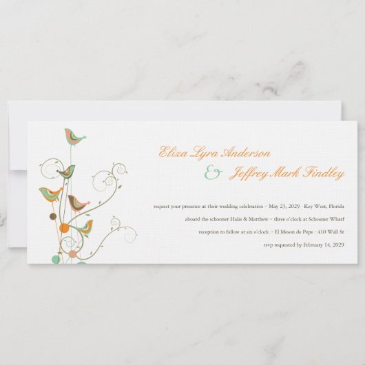 Whimsical Summer Birds and Swirls Wedding Invite Kaart (Voorkant)