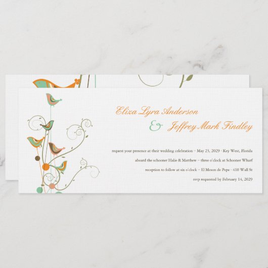 Whimsical Summer Birds and Swirls Wedding Invite Kaart (Voorkant / Achterkant)