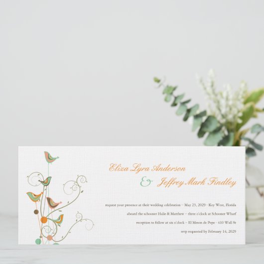 Whimsical Summer Birds and Swirls Wedding Invite Kaart (Staand voorkant)