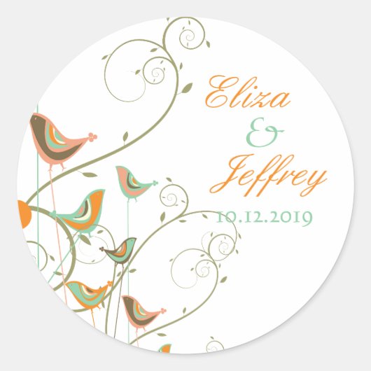 Whimsical Summer Birds Swirls Cute Wedding Sticker (Voorkant)