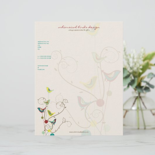 Whimsical Summer Birds Swirls Moderne Natuur Vines Custom Briefhoofd (Staand voorkant)