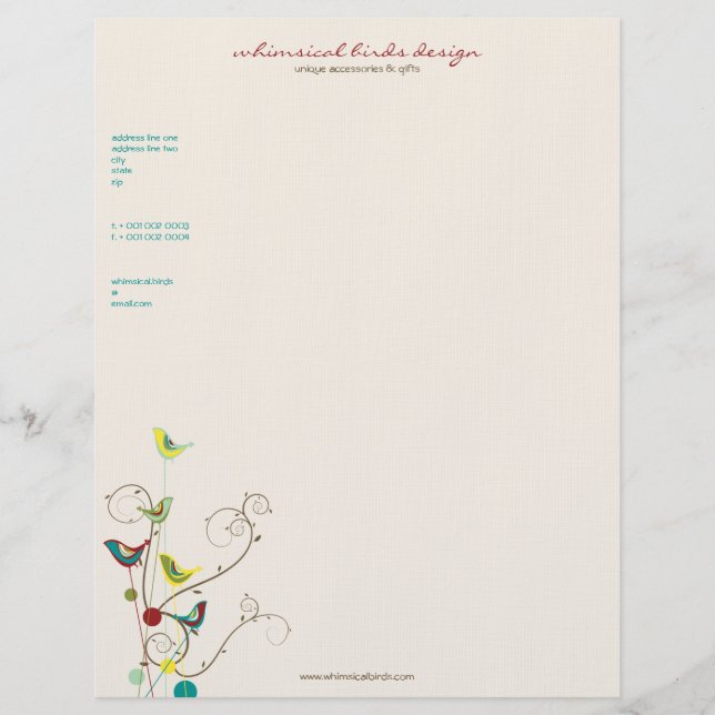 Whimsical Summer Birds Swirls Moderne Natuur Vines Gepersonaliseerd Briefhoofd (Voorkant)