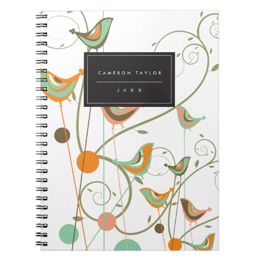 Whimsical Summer Birds Swirls Moderne Natuur Vines Notitieboek (Voorkant)