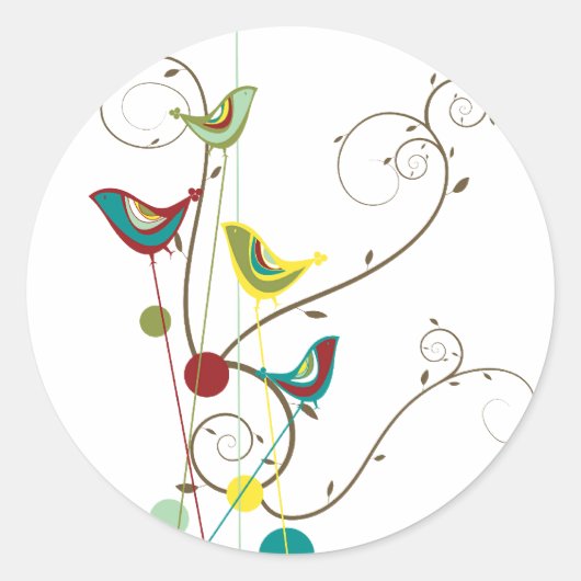Whimsical Summer Birds Swirls Moderne Natuur Vines Ronde Sticker (Voorkant)