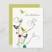 Whimsical Summer Birds Swirls Moderne Natuur Vines Uitnodiging Briefkaart (Voorkant / Achterkant)