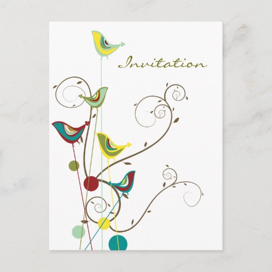 Whimsical Summer Birds Swirls Moderne Natuur Vines Uitnodiging Briefkaart (Voorkant)