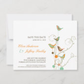 Whimsical Summer Birds & Swirls Save The Date Kaar Kaart (Voorkant)