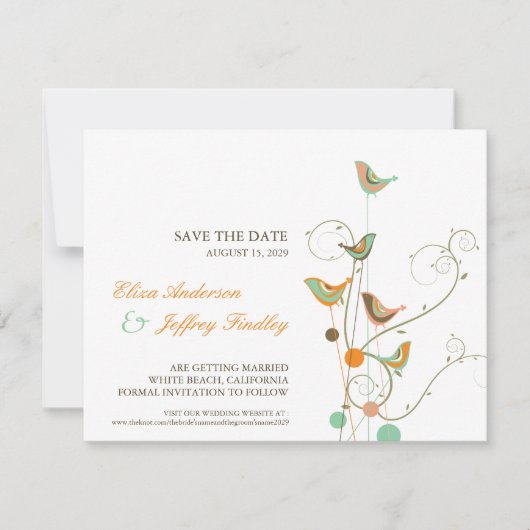 Whimsical Summer Birds & Swirls Save The Date Kaar Kaart (Voorkant)