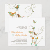 Whimsical Summer Birds & Swirls Save The Date Kaar Kaart (Voorkant / Achterkant)