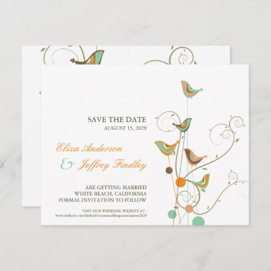 Whimsical Summer Birds & Swirls Save The Date Kaar Kaart (Voorkant / Achterkant)