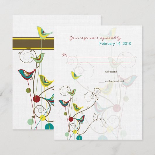 Whimsical Summer Birds & Swirls Wedding RSVP Card (Voorkant / Achterkant)