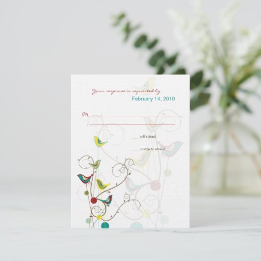 Whimsical Summer Birds & Swirls Wedding RSVP Card (Staand voorkant)