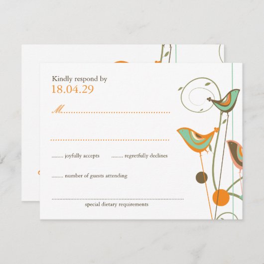 Whimsical Summer Birds & Swirls Wedding RSVP Kaart (Voorkant / Achterkant)