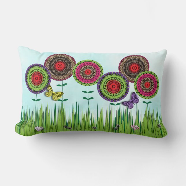 Whimsical Summer Meadow Flowers en Butterflies Kussen (Voorkant)