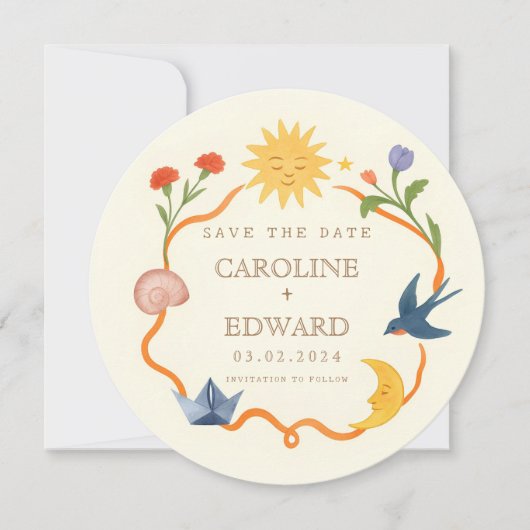 Whimsical Sun and Moon Round Save the Date Kaart (Voorkant)