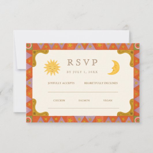 Whimsical Sun & Moon Funky Border Wedding RSVP (Voorkant)