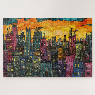 Whimsical Sunset Cityscape - Waterverf Legpuzzel
