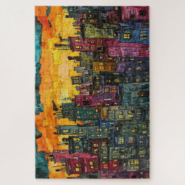 Whimsical Sunset Cityscape - Waterverf Legpuzzel